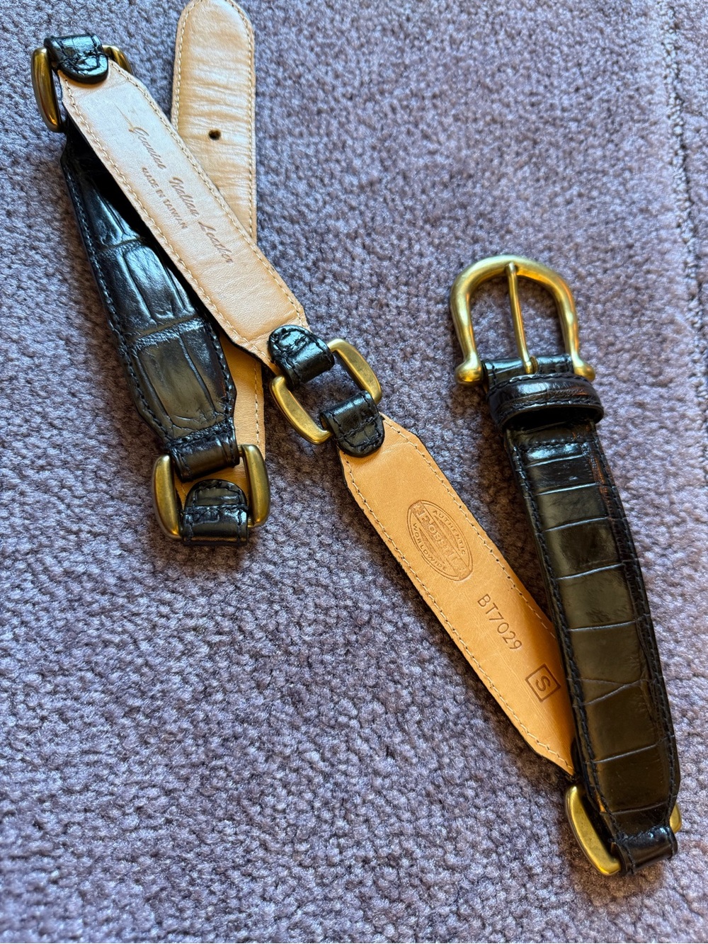Black Croc-Embossed Leather belt with Brass Hardware, 33” by Fossil